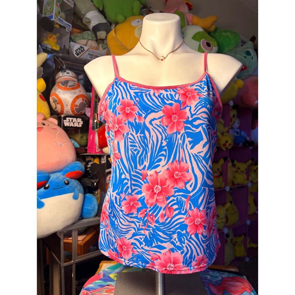 Y2K Tropical Floral Zebra Print Camisole Top Blue Pink Spaghetti Strap #5